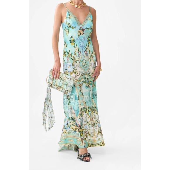 Camilla v neck long bias slip dress with train Venus on a vespa S - Picture 4 of 4